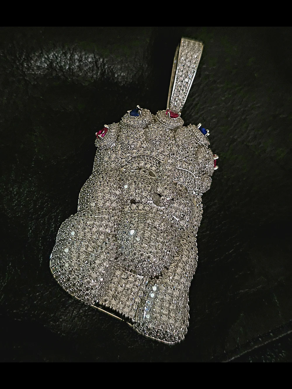 Pave Jesus Head Pendant with Red & Blue Accents